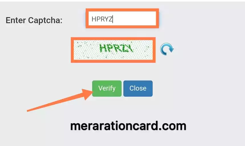 कैप्चा कोड वेरीफाई करना है राशन कार्ड स्टेटस चेक करने के लिए